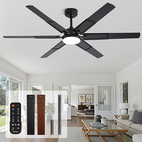 60 Inch Ceiling Fans with Lights and Remote, Living Room Office Library Cafe Indoor Outdoor Industrial, 5CCT Dimmable, Dual Color 6 Blades, 6 Speed Reversible Quiet DC Motor, Black/Wood Grain