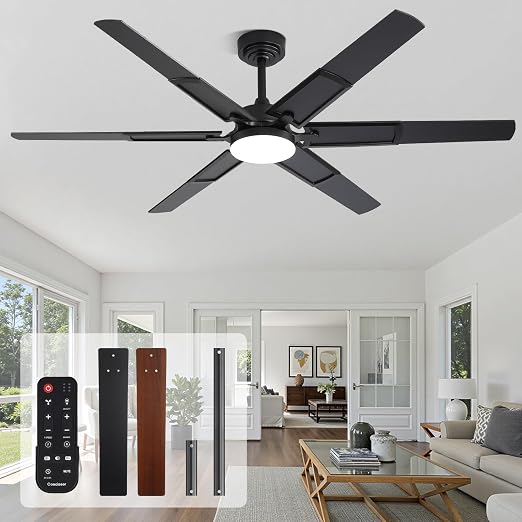 60 Inch Ceiling Fans with Lights and Remote, Living Room Office Library Cafe Indoor Outdoor Industrial, 5CCT Dimmable, Dual Color 6 Blades, 6 Speed Reversible Quiet DC Motor, Black/Wood Grain