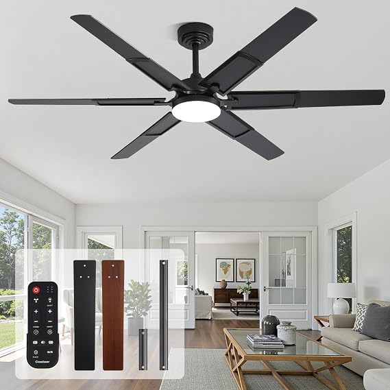 60 Inch Ceiling Fans with Lights and Remote, Living Room Office Library Cafe Indoor Outdoor Industrial, 5CCT Dimmable, Dual Color 6 Blades, 6 Speed Reversible Quiet DC Motor, Black/Wood Grain
