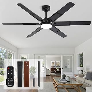 60 Inch Ceiling Fans with Lights and Remote, Living Room Office Library Cafe Indoor Outdoor Industrial, 5CCT Dimmable, Dual Color 6 Blades, 6 Speed Reversible Quiet DC Motor, Black/Wood Grain - Image 1
