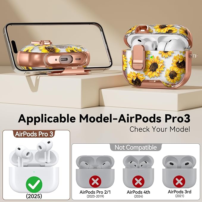 for AirPod Pro 3 Case 2025, with Safty Lock & Phone Stand for Floral AirPod Pro 3 Generation Case Cover for Women Girly, iPod Pro 3 Cases with Keychain & Cleaner Kit - Yellow Sunflower