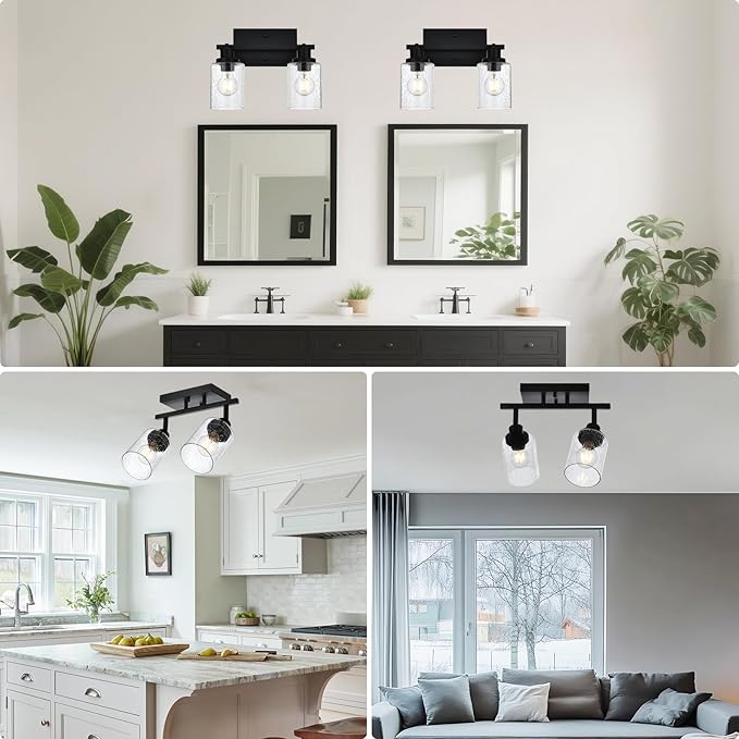 2-Light Black Track Lighting Kit Ceiling Mount Kitchen Track Lighting Fixtures, Bathroom Ceiling Tracking Vanity Light with Bubble Seeded Glass Shade & Rotatable Tracking Heads for Accent Shop