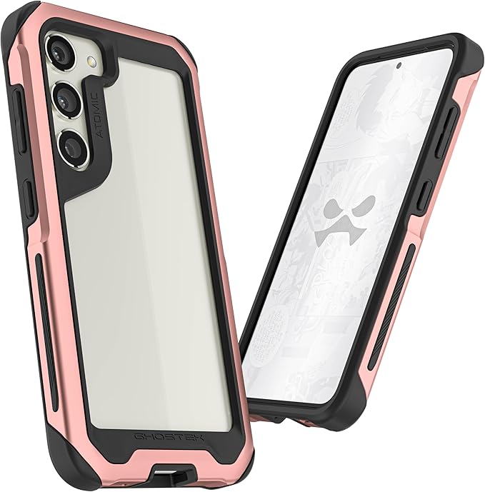 Ghostek ATOMIC slim Galaxy S23 Case for Women Girls with Clear Back and Lightweight Aluminum Bumper for Heavy Duty Protection Protective Phone Cover Designed for 2023 Samsung Galaxy S23 (6.1in) (Pink)