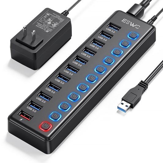 Powered USB Hub, JESWO 11 Port USB 3.0 Hub, 10 USB 3.0 Data Transfer Ports + 1 Smart Charging Port, USB Hub Powered with Individual LED On/Off Switches and 12V/3A Power Adapter
