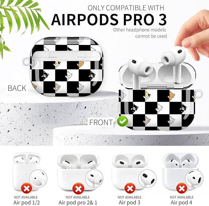 Compatible with AirPod Pro 3rd Generation Case 2025,Fashion Protective Cover with Keychain, Anti-Scratch, Drop Protection,Shockproof Cover for AirPod Pro 3 Women(Black White Checkered Cat)