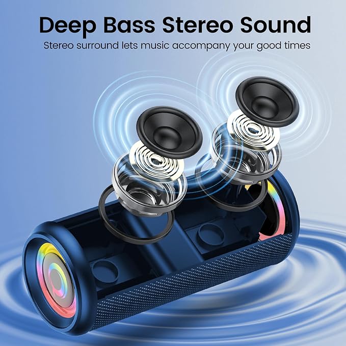 Portable Bluetooth Speaker, 2026 Bluetooth 5.4 Wireless Speaker with 20W HD Loud Stereo Sound, 20H Playtime, LED Lights, IP7, TWS Pairing, Built-in Mic, for Outdoor, Home, Beach, Party, Gift, Blue