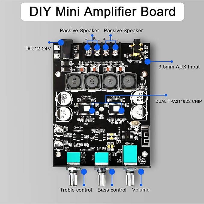 ZK-1002T 100W+100W Bluetooth Amplifier Board, 2.0 Channel Bluetooth 5.0 Subwoofer Audio AMP with Treble and Bass Control, DC12-24V, BT and AUX Inputs, TPA3116D2 Chip Stereo AMP Board for DIY Speakers