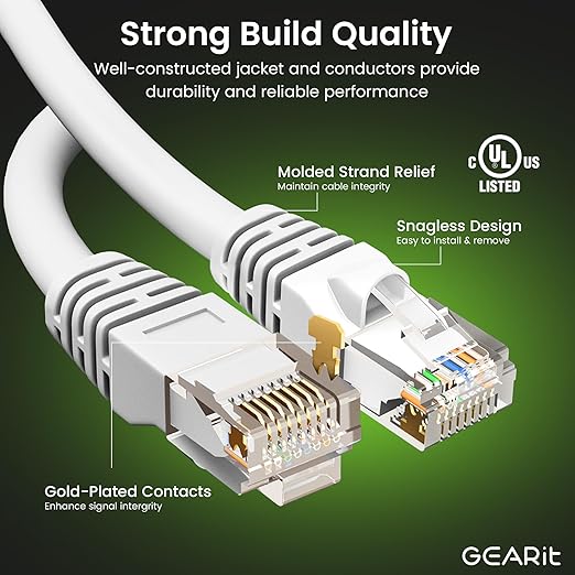GEARit Cat 6 Ethernet Cable (20-Pack 2 Feet) Cat6 Network Patch, 10Gbps, RJ45, Snagless Cord, Gold-Plated Connectors, Internet for PC, TV, Tablet, Router, Printer, Servers, IT Data Center - White