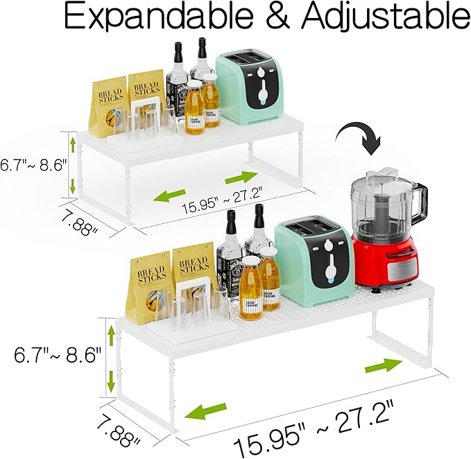 Adjustable Stackable Metal Storage Shelf Organizer - Expandable Wire Rack with Perforations for Kitchen, Pantry, Bathroom, Cabinet & Office-Compact, Durable & Sturdy (1PACK/Medium/White)