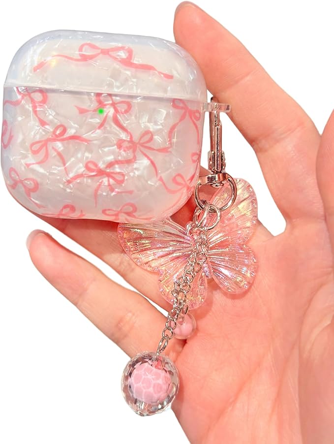 Compatible with AirPods 4 Case Cute, Shell Pattern Shockproof Protective Cover for Girls Women with Butterfly Keychain Designed for AirPod 4th Generation, Pink Bow