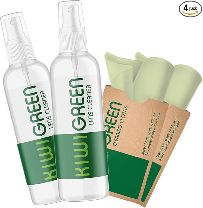 Kiwi Green Eyeglass Lens Cleaner Spray Kit | 2X Lens Cleaner + 2X Microfiber Cloth | Alcohol Free Eyeglasses, Screen Cleaning Kit | USA Made (4 Piece Set)