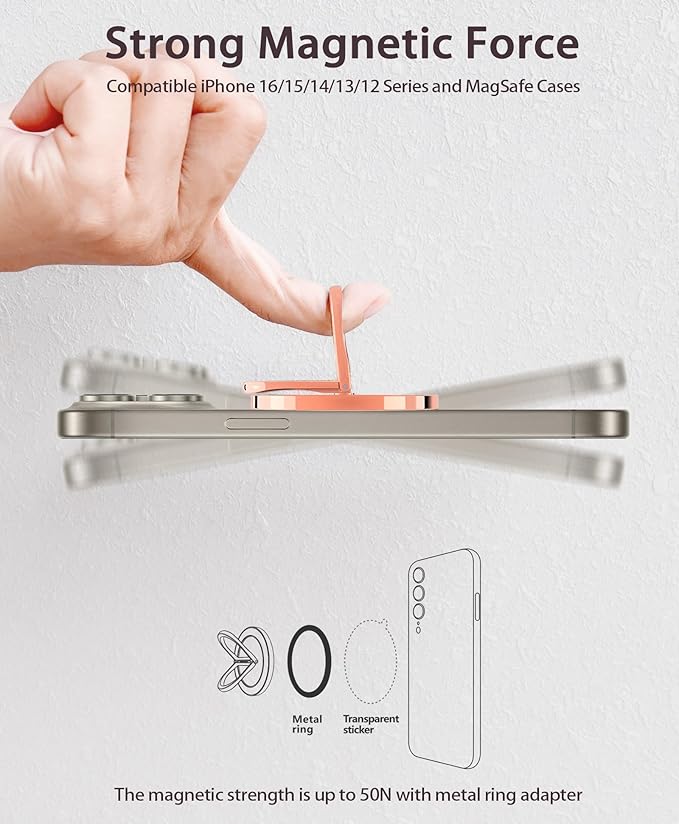 Magnetic Phone Grip | Phone Ring Holder | Stylish Twinkle Transparent with Phone Ring Holder for iPhone, Mag Safe Phone Ring Grip for iPhone & Android, Rosegold