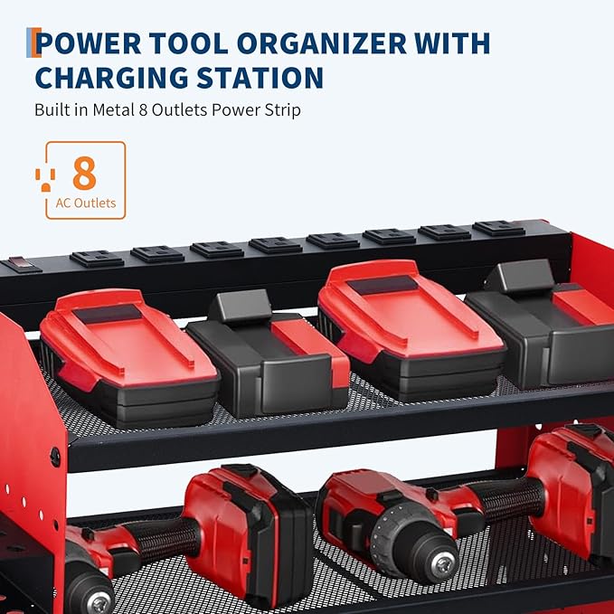 Power Tool Organizer, Drill Holder Wall Mount with Charging Station, Heavy Duty 3-Layer Power Pool Storage with 8 Outlets, 4 Drill Storage Shelf with Hooks, Battery Storage Holder for Garage