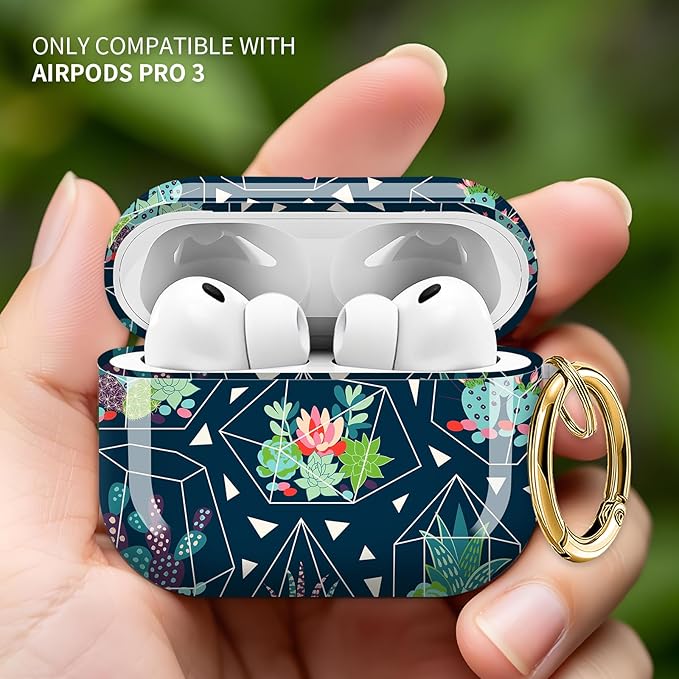 Cute Hard Case Compatible with AirPods Pro 3rd Generation Case (2025), Shockproof Protective Cover with Golden Keychain Ring Clip (Cute Succulents and Cactuses)