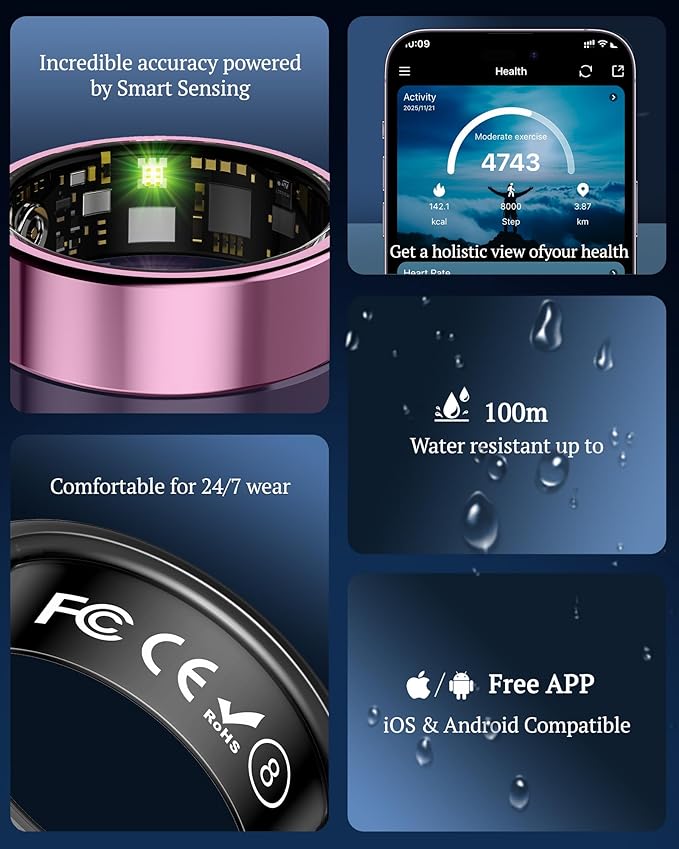 Smart Ring for Women & Men with Display, Health Ring with Heart Rate, Sleep Monitor, IP68 Waterproof Fitness Ring, Fitness Tracker Ring, No APP Fee for iPhone and Android (Pink, 11#)