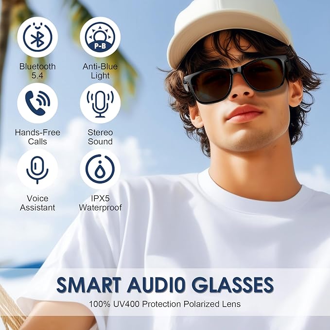 Smart Glasses for Men & Women, 2-in-1 Blue Light & Magnetic UV400 Sunglasses, Bluetooth 5.4 Glasses with Open-Ear Audio, Voice Assistant for Outdoor & Office