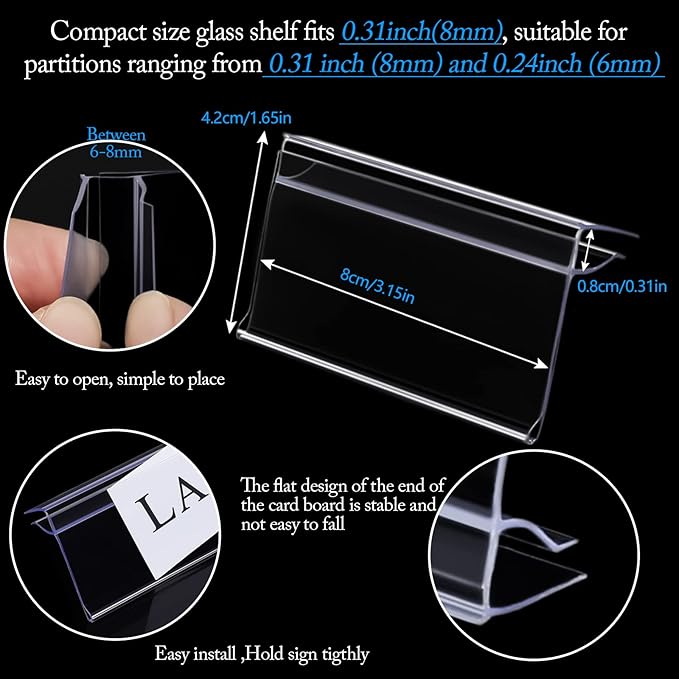 Glass Shelf Label Holders 50 pcs with Inserts Fits 1/4" to 3/8" Glass Shelving (Pack of 2)