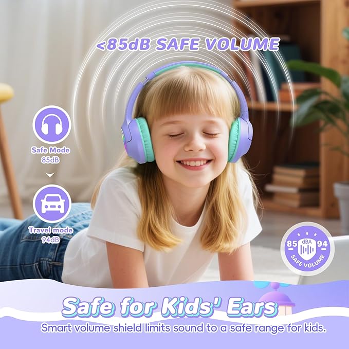 Kids Bluetooth Headphones, 85H Playtime Wireless Headphones for Kids, Colorful LED Lights, 85/94dB Safe Volume Limit, Bluetooth 5.4 Built-in Mic Toddler Headset for Tablet/Airplane (Purple)