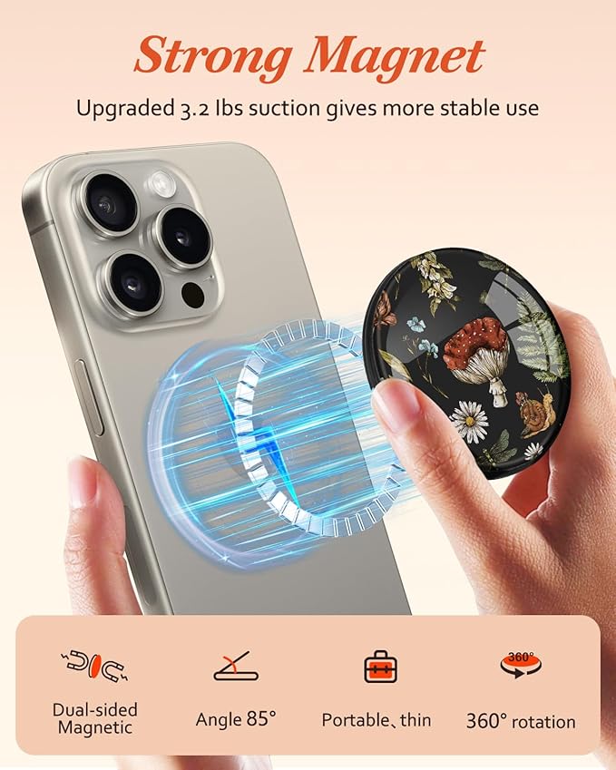 Kidcube Magnetic Phone Grip Compatible with Magsafe - Cell Phone Grip Stand Ring Holder Magnet Kickstand Removable Accessories for iPhone 16 Pro Max/16/15/14/13/12 Series Women Cute Mushroom Plant