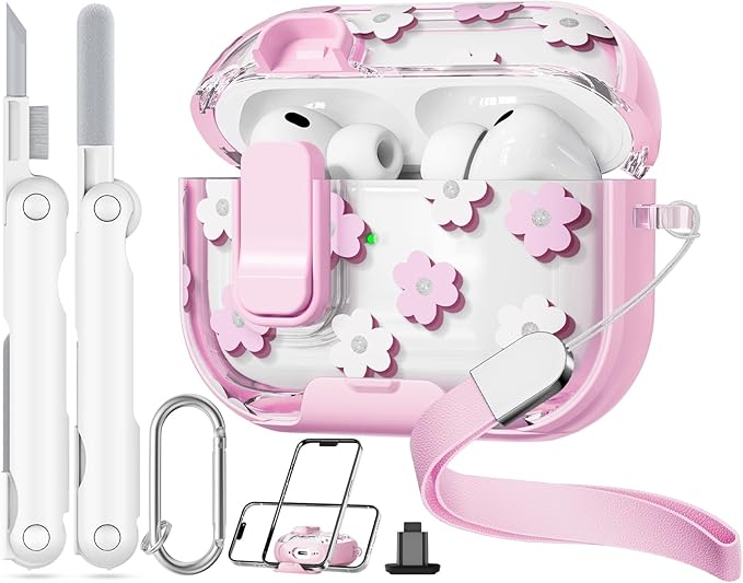 with Safety Lock for AirPods Pro 3 Case 2025,Clear Floral Cute Airpods Pro 3rd Generation Case with Phone Stand & Cleaner Kit for Apple AirPods Pro 3 for Women Girly-Pink Flower