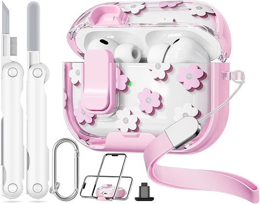 with Safety Lock for AirPods Pro 3 Case 2025,Clear Floral Cute Airpods Pro 3rd Generation Case with Phone Stand & Cleaner Kit for Apple AirPods Pro 3 for Women Girly-Pink Flower