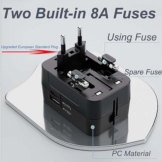 2025 Upgraded Universal Travel Adapter, Portable All in One International Power Adapter, European Travel Plug Adapter, for AC Power Plug USB-A Type-C Charging Ports with Double Fuse