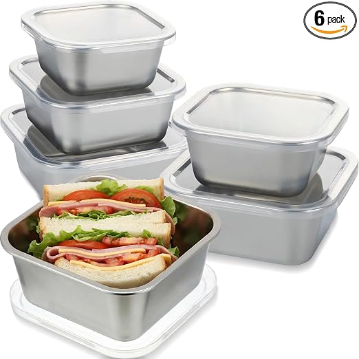 6 Pcs 304 Stainless Steel Food Storage Containers with Lids, Leakproof Meal Preparation Container Stackable Food Container Boxes for Kitchen Picnic, Dishwasher Safe(Square, 20/30/40 oz)