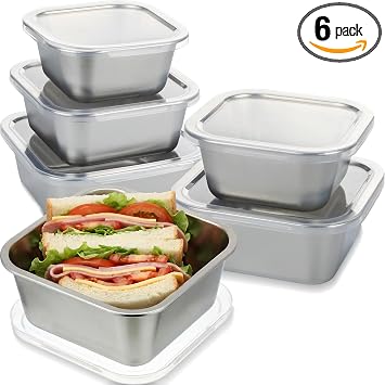 6 Pcs 304 Stainless Steel Food Storage Containers with Lids, Leakproof Meal Preparation Container Stackable Food Container Boxes for Kitchen Picnic, Dishwasher Safe(Square, 20/30/40 oz)