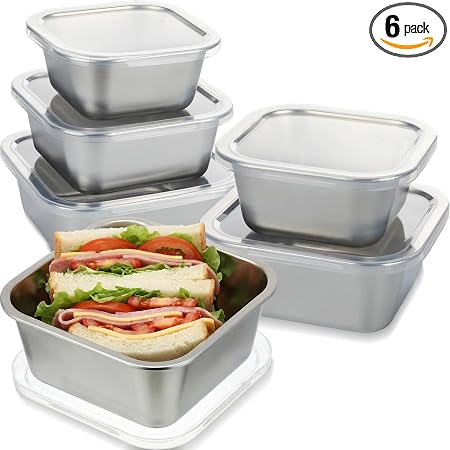 6 Pcs 304 Stainless Steel Food Storage Containers with Lids, Leakproof Meal Preparation Container Stackable Food Container Boxes for Kitchen Picnic, Dishwasher Safe(Square, 20/30/40 oz)