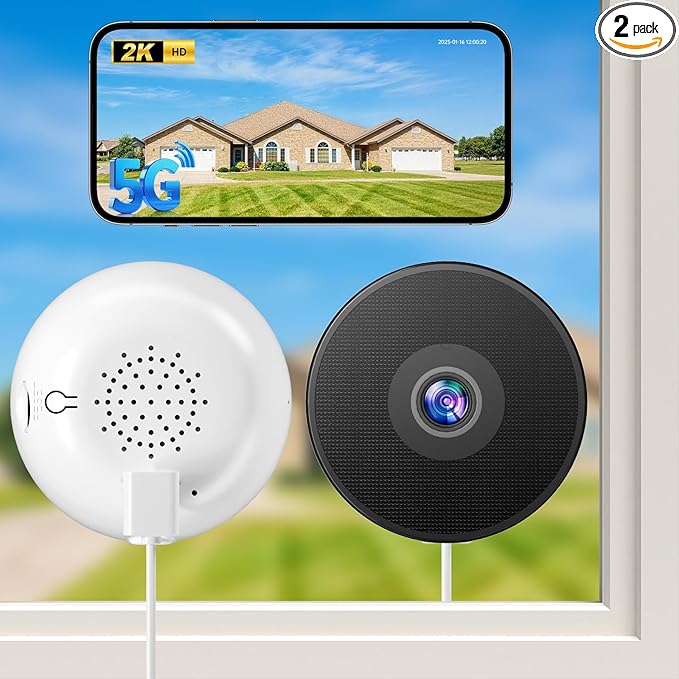 Window Camera No-Drill 2K Ultra HD Window Security Camera with 5G/2.4G WiFi, Enhanced Night Vision, AI Human Detection, Easy Glass Mount for Apartment, Condo, and Home Outdoor View (white 2 pack)