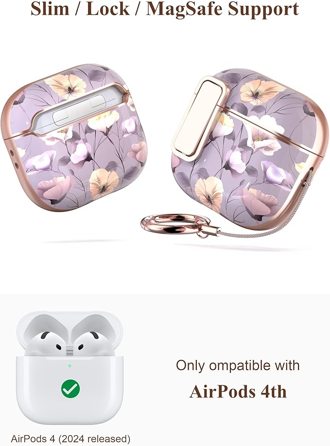 TATOFY Cover for AirPods Pro 4th Generation Case with Lock Clip Cleaner Kit Slim Hard AirPod 4 Lock Case Compatible with MagSafe (Gray Purple)