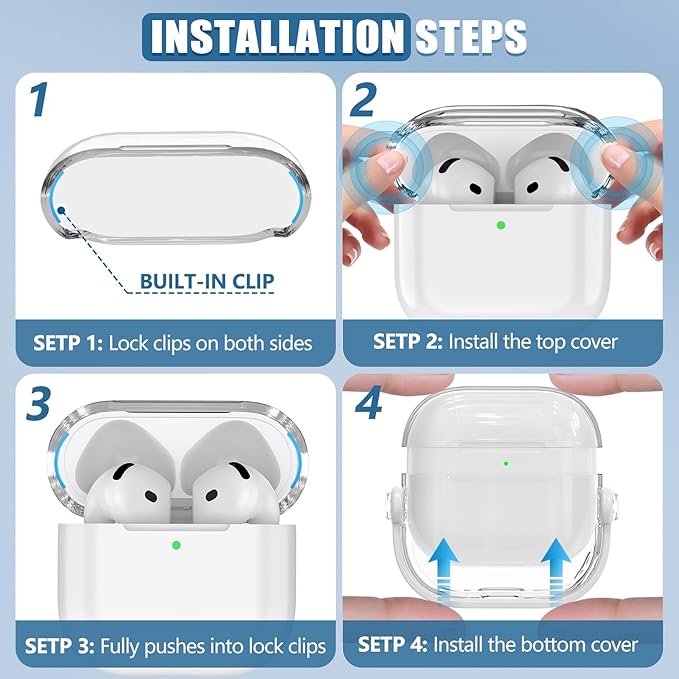 Safety Lock for Airpods 4 Case,TPU Clear Cases for Apple Airpods 4 USB-C with Cleaner Kit, Drop Protection Airpods 4 Case Cover for Men for Women with Lock and Keychain,Clear+White