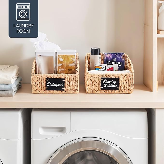 Best Choice Products Natural Hyacinth Angled Pantry Storage Baskets, Woven Wicker Storage Bins w/Handles, Storage Container Baskets for Shelves, Chalkboard Label & Marker (Pack of 2) - Natural