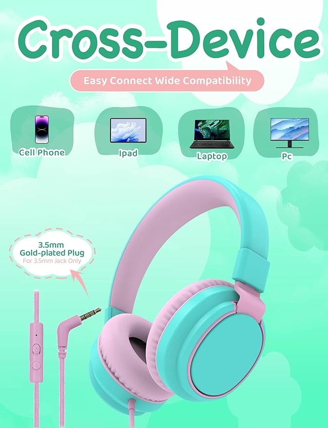 MIDOLA Kids Headphone Wired Volume Limited 85/94dB Over-Ear/On-Ear Foldable Headset with Microphone Hearing Protection Headphones for Toddler Boy Girl Child School Learning Pad Tablet Cyan