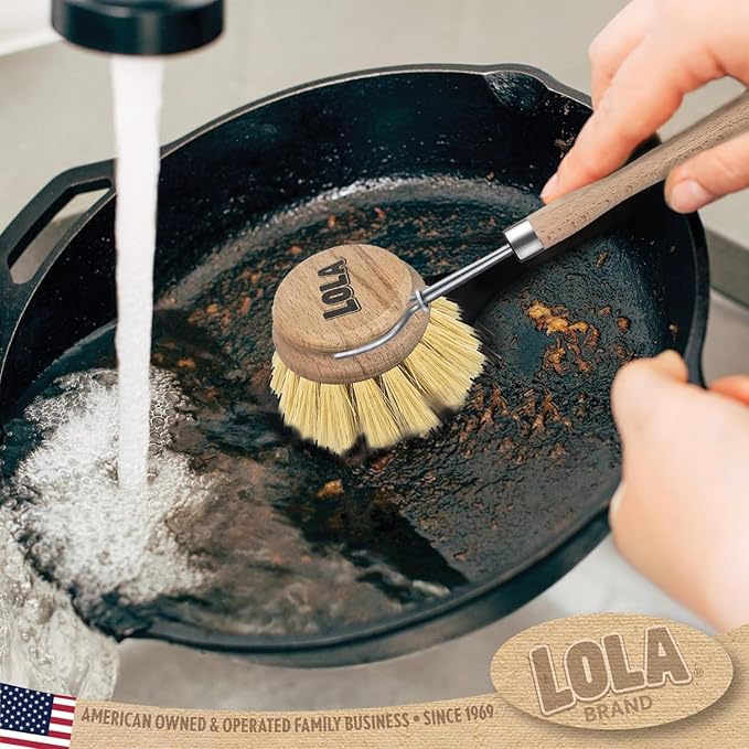LOLA, The Original- Pot & Pan Brush, 6 Pack, Heavy Duty Brass Wire & Tampico Bristles, Handle Made from Sustainable Birch Wood for Cleaning