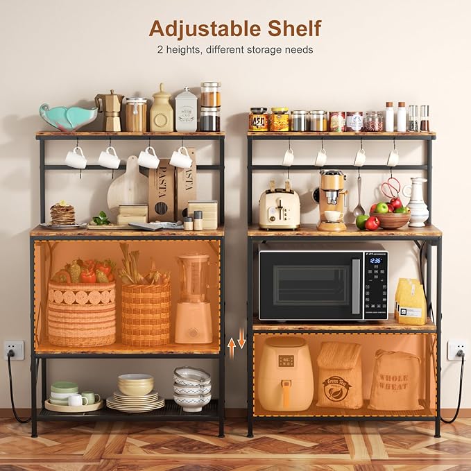 Bakers Racks for Kitchens with Power Outlets, Microwave Stand with 31.5 x 15.7 Inch Larger Desktop, Coffee Bar with Adjustable Middle Shelf, 8 S-Shaped Hooks, Rustic Brown