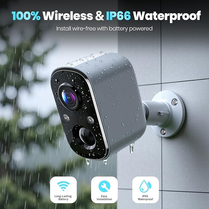 Techage Security Cameras Wireless Outdoor, 2K Battery Powered WiFi Cameras for Home Security with AI Motion Detection, Color Night Vision, 2-Way Talk, IP66 Waterproof, Cloud/SD Storage 4 Pack