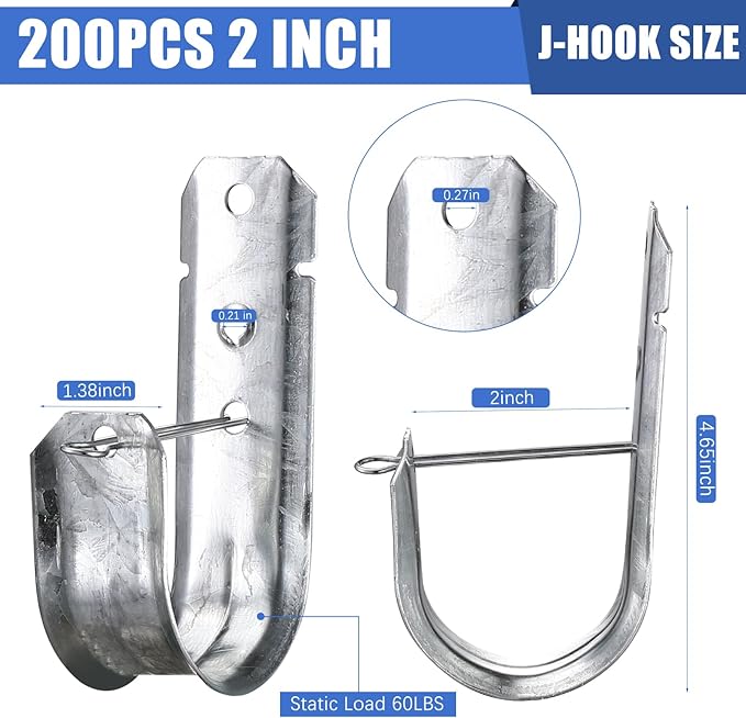 2-Inch 200 Pcs Cable Support, J Hooks Heavy Duty Galvanized Steel Cable Hook Wire Management J Hooks for Attaching Wall Mounting to Vertical Surfaces, Silver
