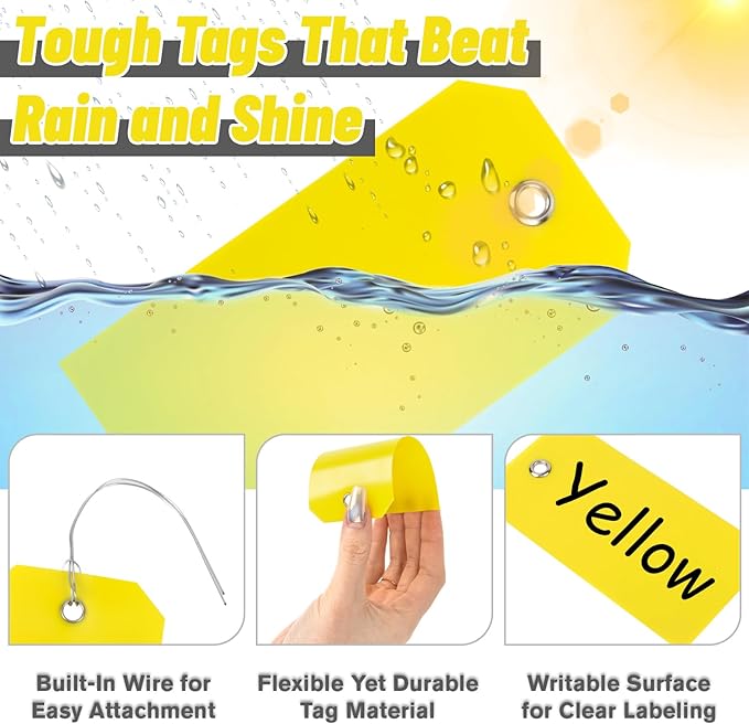 Yellow Shipping Tags with Wire - 100PCS 2.36" x 4.72" Plastic Hang Shipping Tags for Labeling,Waterproof Blank Tag, Wire Labels with String for Outdoors,Price,Inventory,Garage Sales,Luggage Clothing