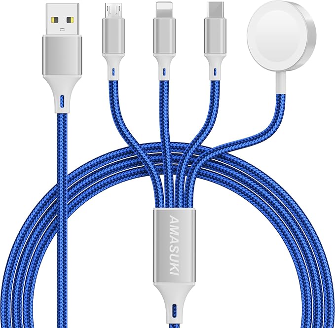Travel Essentials,4 in 1 for Apple Watch Charger/iPhone Charger/Multi Charging Cable,Vacation RV Camping Essentials,USB C/L/Micro Portable Charger for iWatch 11-1/iPhone 17-12,Car&Gift-Blue