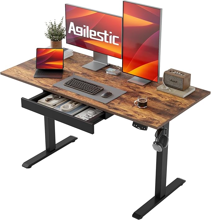 Agilestic Electric Standing Desk with Integrated Drawer, Height Adjustable Desk, Ergonomic Rising 48"x24" Wooden Desk, Sit-Stand Workstation with Memory Presets for Work Home Office, Rustic Brown