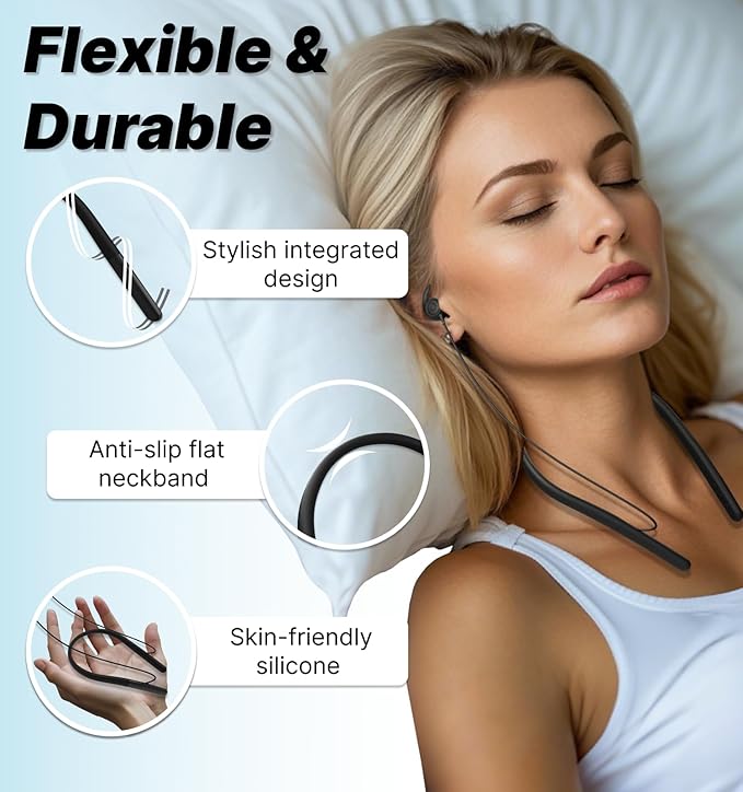 Hmusic HS88 Sleep Earbuds for Side Sleepers – Ultra-Thin Silicone Neckband Headphones, 30dB Noise Isolation, 12H Battery Life with Sleep Timer, Secure Fit for Yoga, Travel, Audiobooks & Meditation