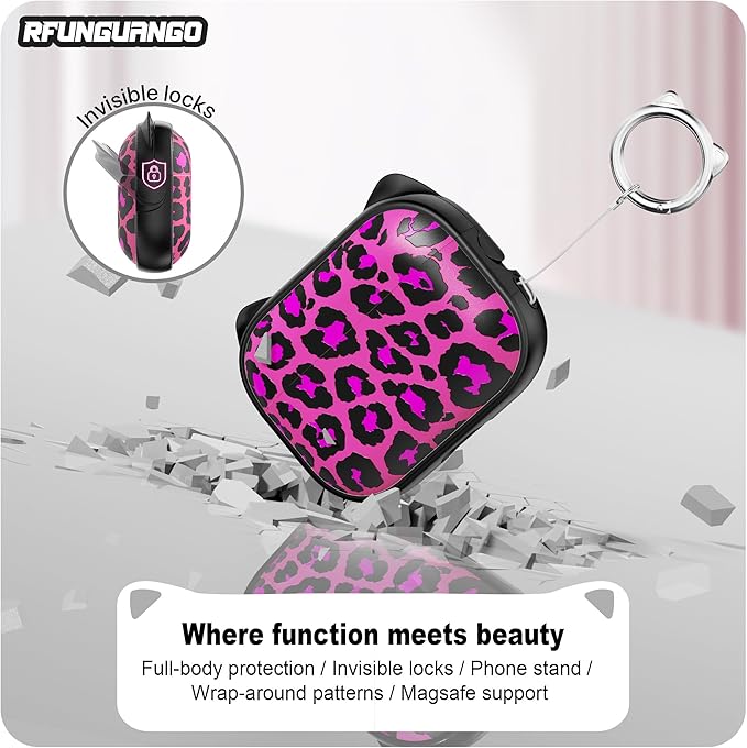 RFUNGUANGO is Compatible with AirPods Pro 3 Protective case, with Mobile Phone Holder Function, Multiple Colors Available, Suitable for AirPods Pro 3 Protective case,Black + Rose Red Leopard Print