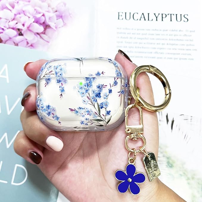 Compatible with AirPods Pro 2 Case Cover 2022, Soft TPU with Cute Flower Pattern for AirPods Pro 2nd/1st Generation Case with Flower Keychain and Carabiner for Girls Women (Midnight Blue)