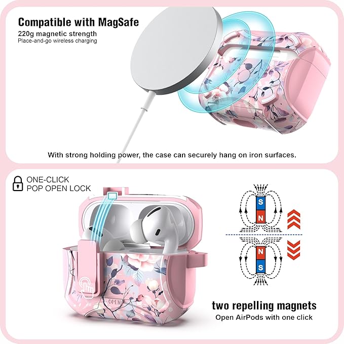 wenew Compatible with AirPods Pro 2nd/1st Generation Case Cover with Phone Stand, Cleaner, Clip, Compatible with Magsafe, One-Click Pop Open Lock iPod Pro Charging Case (Pink 2, AirPods Pro & Pro 2)