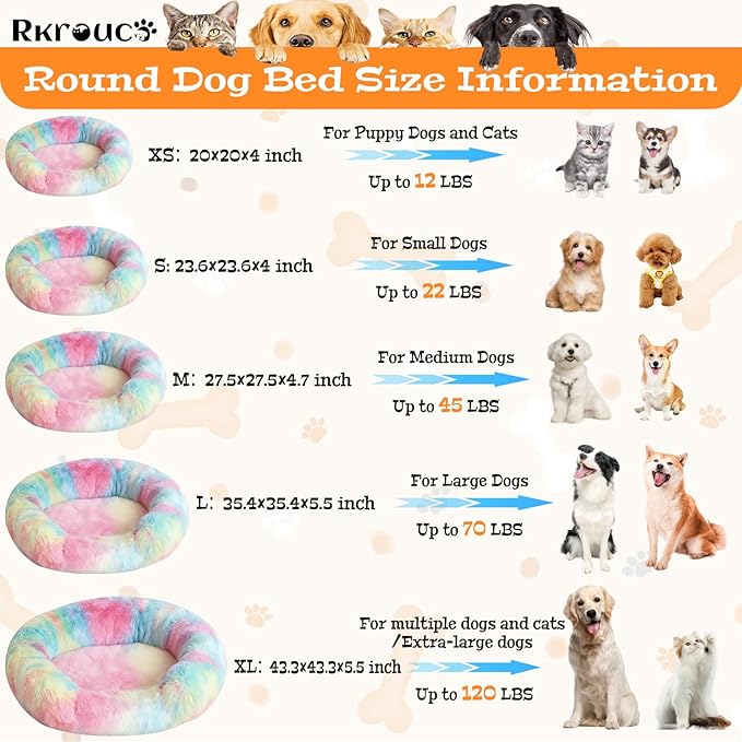Fluffy Dog Bed Calming Donut Beds for Large Dogs Warming Round Small Medium Pet Nest Cozy Cat Mattress Indoor Washable Puppy Kennel Kittens Sleep Mat (L, 35.4×35.4 inch, Rainbow)