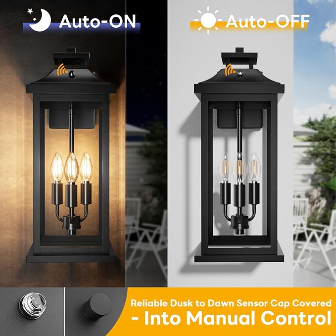 20" Large Dusk to Dawn Exterior Wall Light Fixture 3-Light, Black Outdoor Porch Lantern Wall Mounted, Waterproof Modern Outside Wall Sconce Garage Patio Coach Lamp for House, E12