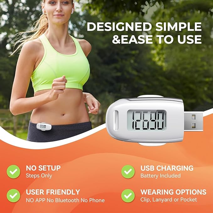 3D Pedometer for Walking, Simple Walking Step Counter with Removable Clip and Strap, USB Rechargeable Step Tracker with Backlight, Accurate Step Counter for Men Women Seniors