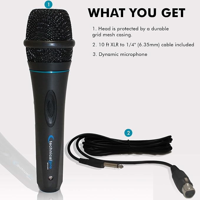 Technical Pro 8 Inch Portable 800 W Bluetooth Speaker w/Woofer & Tweeter and Portable Microphone w/Digital Processing Wired Mic Included, XLR to 1/4", Black Karaoke DJ Wired Microphone