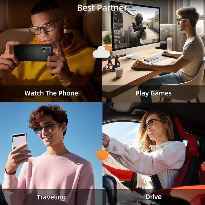 Smart Glasses | Bluetooth Glasses | 34g Ultra-Light Frame for Daily Use | Hands-Free Calls, Music & Voice Control | 8-10H Battery USB-C Charging(Photochromic Clear Lenses)